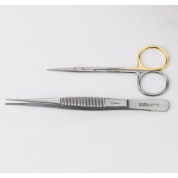 vedena® Fadenentfernungs-Set 2-teilig, bestehend aus: Feine Schere ROSENDAHL mit Wellenschliff, 110 mm und Atraumatische Pinzette DE BAKEY, 150 mm